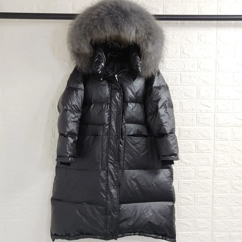 Зимняя повседневная куртка на утином пуху 70%, Длинные парки, Черное Женское пальто с капюшоном из искусственного меха, doudoune femme hiver kurtka damka - Цвет: Серый