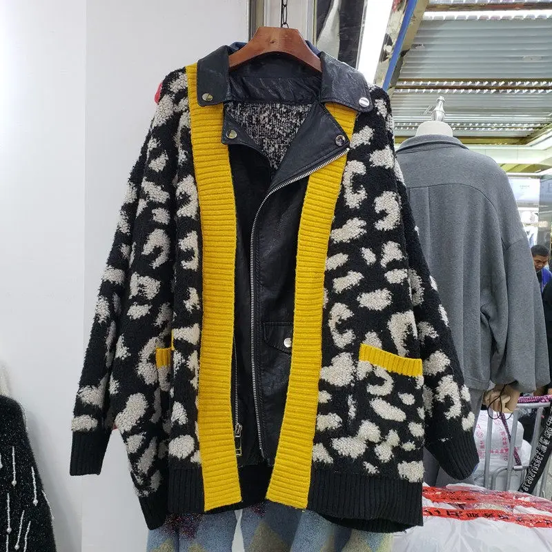 Харадзюку стиль из искусственной кожи сшитый кардиган пальто женский осень и зима корейский Свободный толстый вязаный свитер пальто f2285