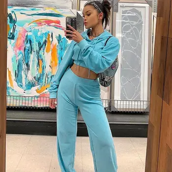 

2020 Autumn Women Casual Hooded Drawstring Velvet Tracksuit Long Sleeve Sweatsuit Crop Top Hoodies & Pants Velour Set