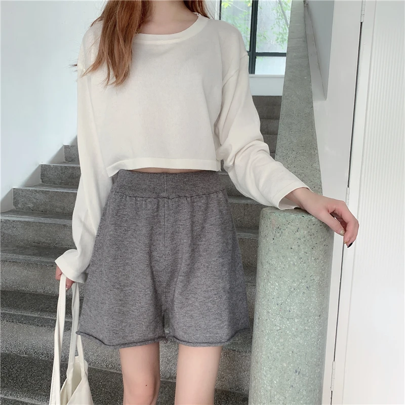 

High waist wide leg pants suit autumn new Korean version of the foreign short short-sleeved T-shirt thin shorts female two-piece