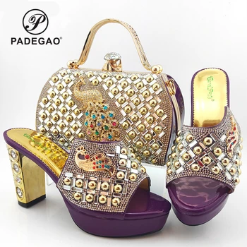 

Purple Color Decorate with Rhinestone Sandal Italian Women Shoes Matching Bag for Party High Quality Mature Style For Wedding