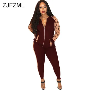 

Leopard Splicing 2 Piece Set Clothes for Women Long Sleeve Pockets Outwear+Bodycon Trouser Suits Vintage Two Piece Matching Set