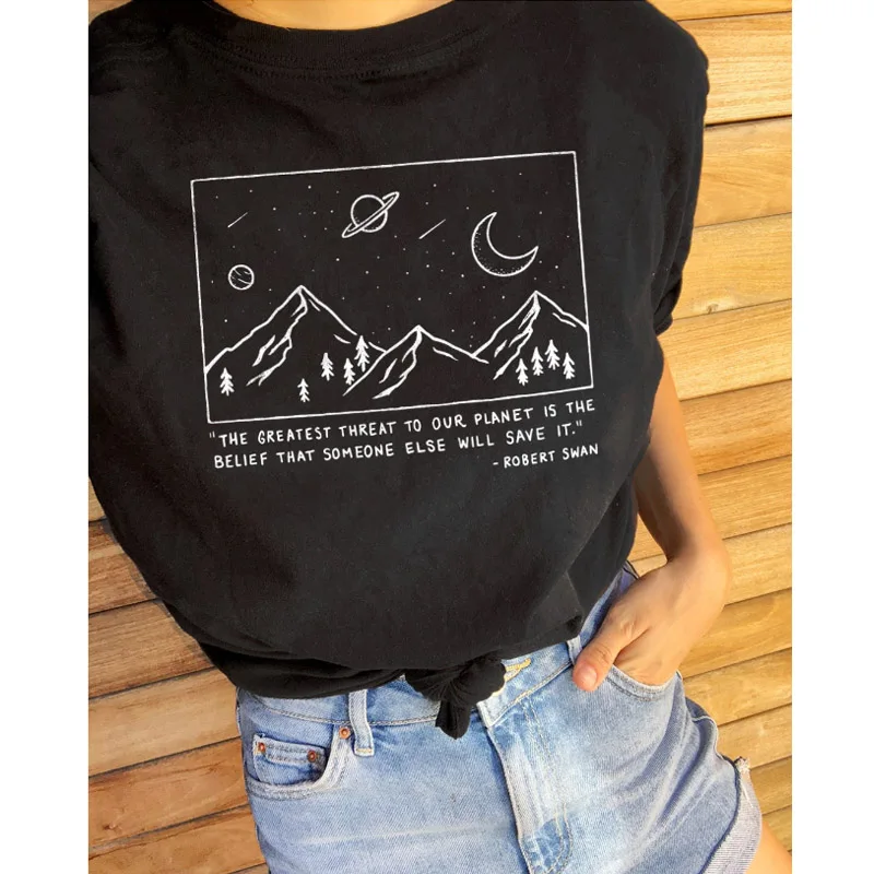 Сохраните планета лозунг Футболка женская tumblr горный футболки с рисунками хлопковые повседневные эстетическое футболки арт Топы Camisas Mujer