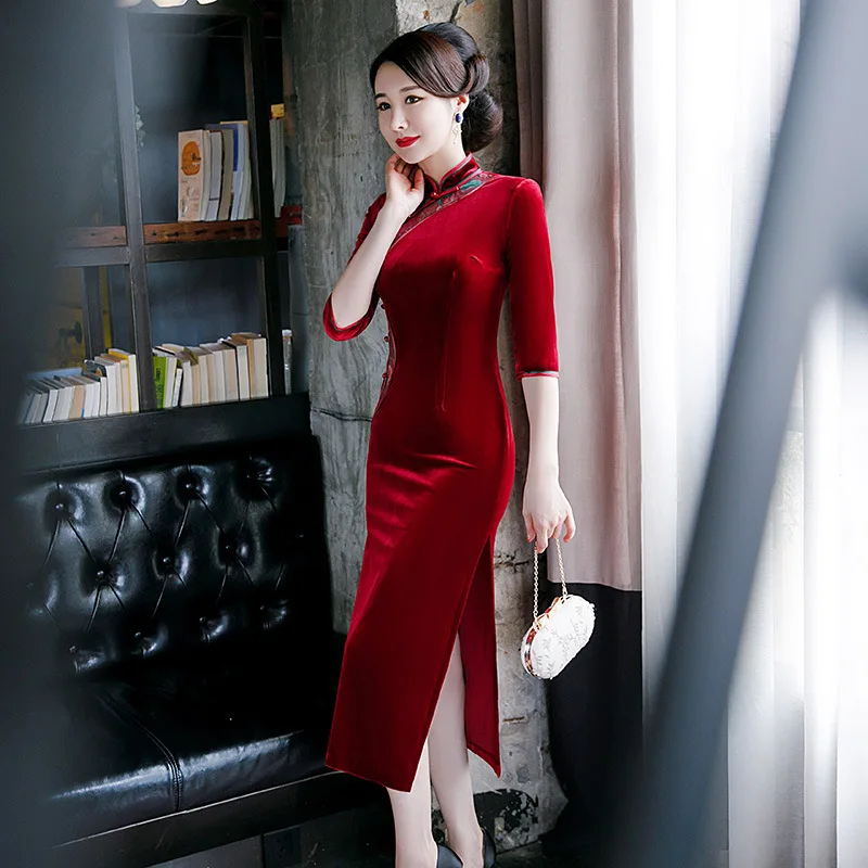 Китайское цветочное женское Ципао старомодное китайский воротник Qipao классическое велюровое китайское платье сексуальное длинное тонкое платье