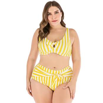 

Yellow Striped Printed Underwired Push Up Bikini Large Sizes 4XL High Waisted Swimsuits Woman Swimwear Two-piece Bather Monokini