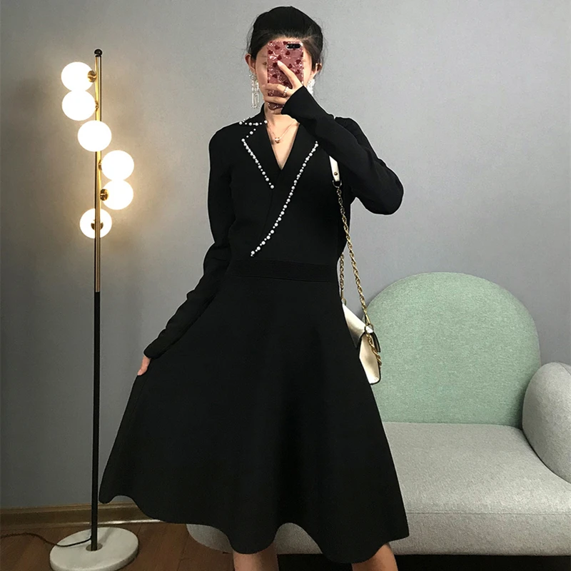 Женское платье с жемчужным бисером, вязаное, Vestido, элегантное, облегающее, роковой, тонкий, длинный рукав, пуловеры, для офиса, леди, Осень-зима