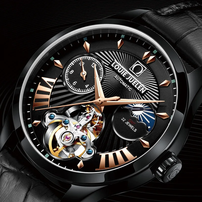LOUIE JUELEN New Automatic Mechanical Watch Men Luxury Waterproof Tourbillon Business Watches Moon Phase Date Relogio Masculino afbeelding