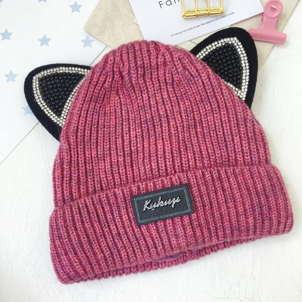 Детские шапочки Skullies, шляпы для мальчиков и девочек, зимняя однотонная шапка с кошачьими ушками, теплые плотные эластичные модные аксессуары - Color: 5