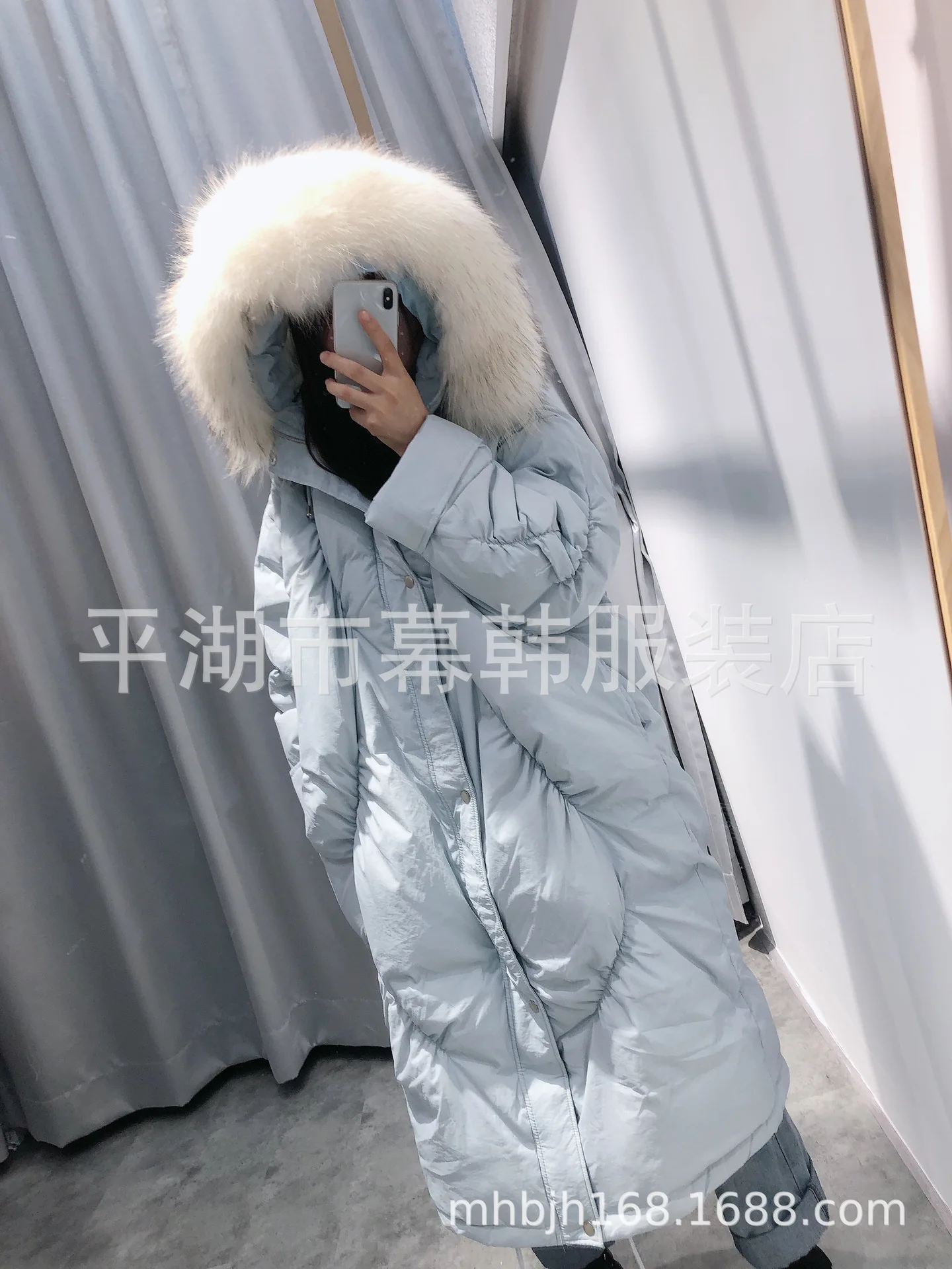 Dongdaemun,, стиль, корейский стиль, с капюшоном, большой меховой воротник, длинный, выше колена, пуховик, женское, зимнее, плотное, теплое пальто