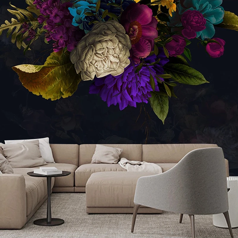 Custom Wall Mural Retro Flower Black Background Wall Decoration Painting Hotel Study Room Bedroom Wallpaper Papel De Parede 3D