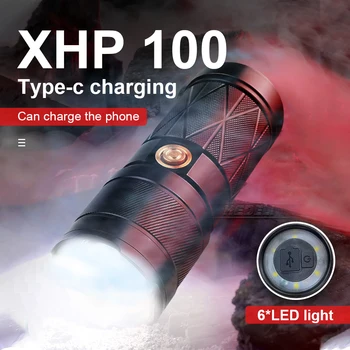 

most unique xhp100 flashlight led powerful flashlight torch rechargeable tail led light type-c charging Built-in 3*3800 battery