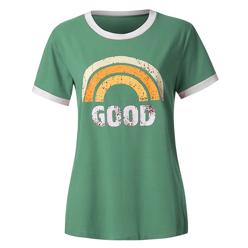 T shirt ladies Women Summer Letters rainbow Printing Short Sleeve Shirt round neck Casual Tunic Tops 