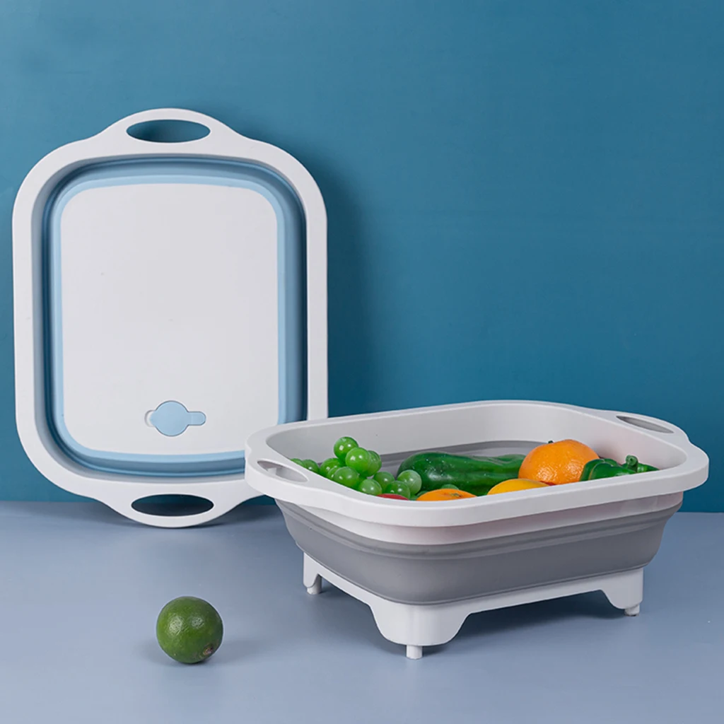 Portable Collapsible Basin with Draining Plug for Kitchen Fruits Vegetables Washing Basket Dish Tub Cutting Board