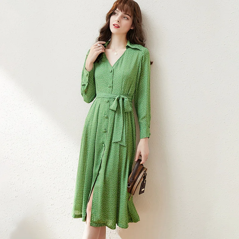 

Women 2020 green spring dress elegant polka dot print sashes a-line single breasted midi shirt long sleeve dresses