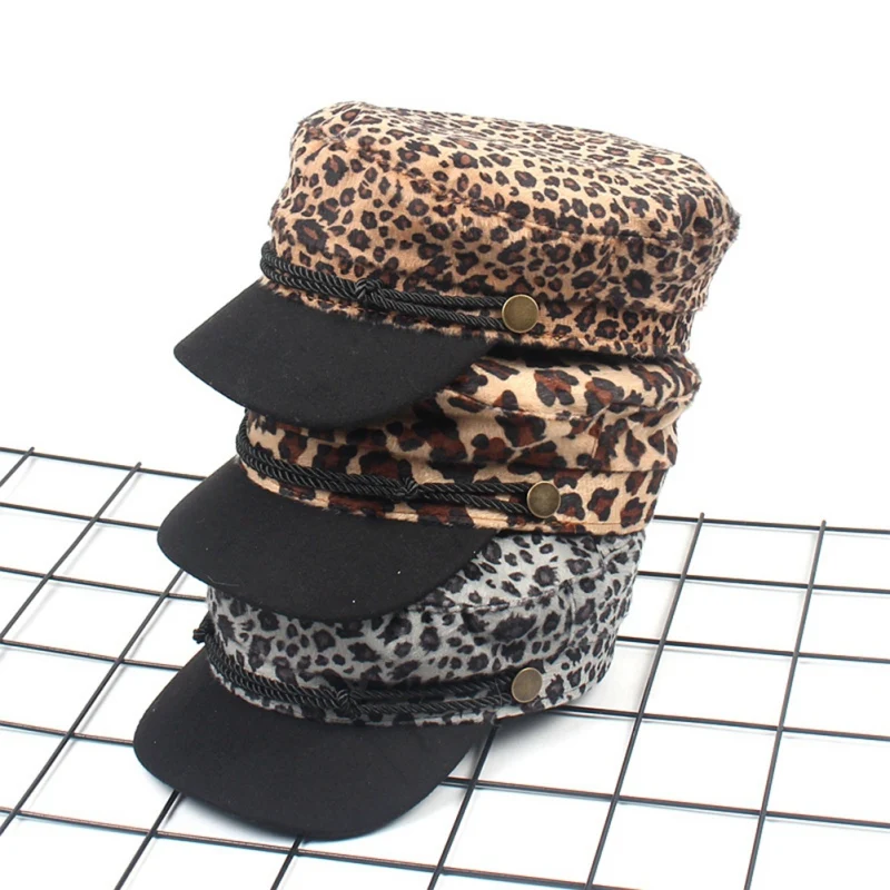 С леопардовым принтом козырьки осень-зима ретро плоские козырьки модные Мода женские солнцезащитные Шапки уличная шляпы для отдыха