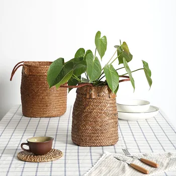 Home Garden Foldable Seagrass Laundry Basket Storage Baskets Hanging Basket Flower Pots Vase Rattan Planter