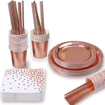 

150Pcs Rose Gold Party Supplies Party Tableware Foil Paper Plates Napkins Cups Straws for Wedding, Anniversary, Birthday