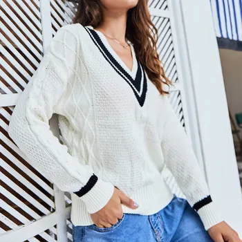 

Women's Office Ladies Sweater Panelled Long Sleeve V-Neck Pullover Sweater Female Knitted sweater slim badycon sweater cheap9.16