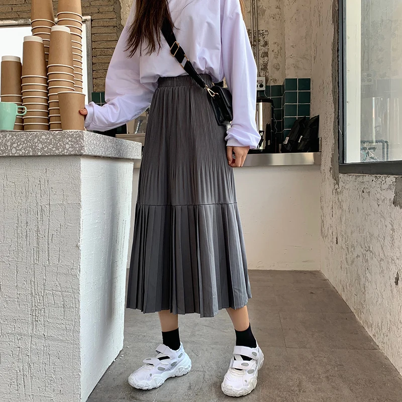 Faldas mujer moda юбка с завышенной талией в стиле ампир, до середины икры, плиссированная, консервативный стиль, весна-осень, Популярная Корейская женская одежда, женская одежда, новинка