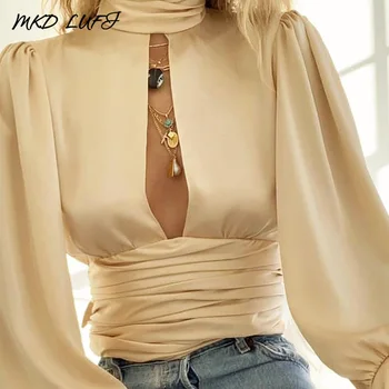 

Sexy Keyhole Backless Long Sleeve Women Blouse Tops Elegant High Neck Ruched Solid Blouses Streetwear Lady Casual Tops Workwear