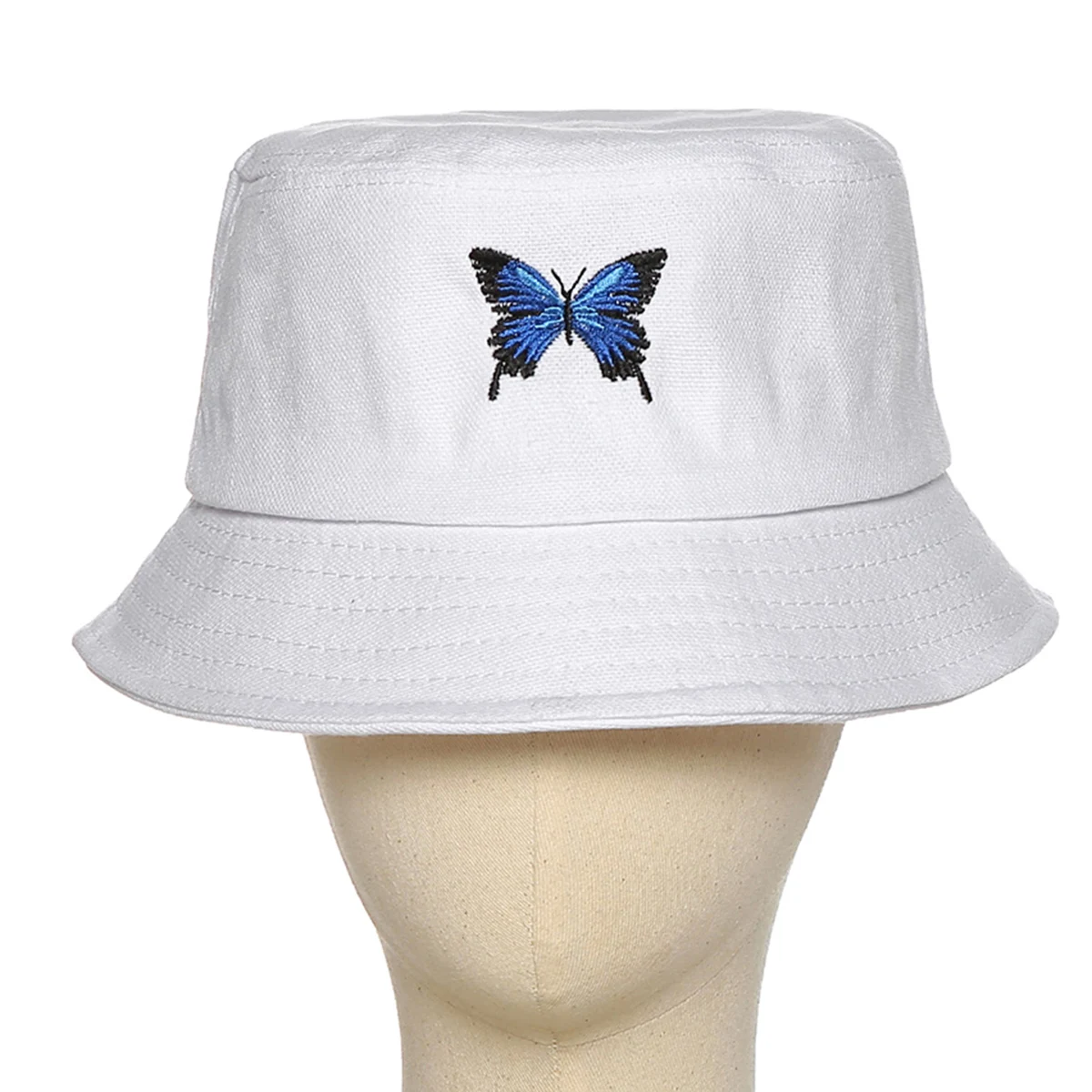 New Fashion Women Ladies Butterfly Embroidered Fisherman Hat Simple Visor Caps Outdoor Casual Sun Hat Bucket Hats White Color