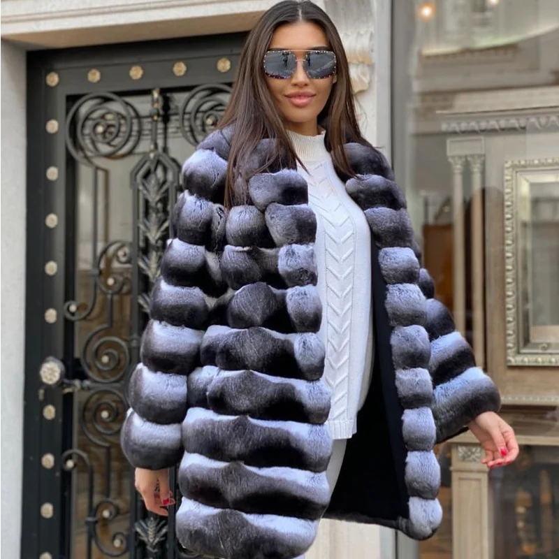 FURSARCAR 2021 High Quality Real Rex Rabbit Fur Fashion Natural Fur Medium Imitate Chinchilla Fur Coat Thick Warm Winter Clothes