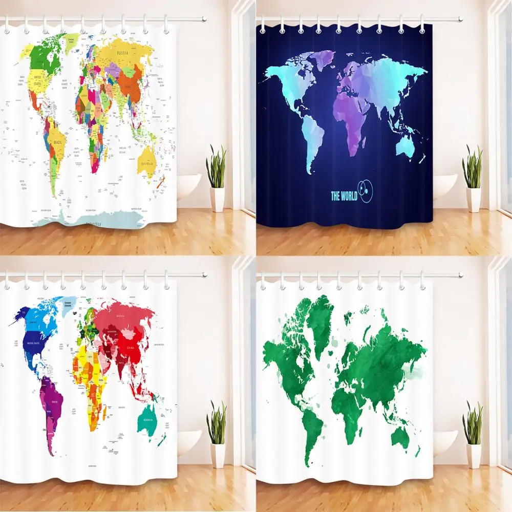 World Map Shower Curtain for Bathroom Educational Geography Countries