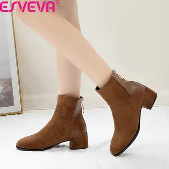 

ESVEVA 2020 Patchwork PU Leather Flock Casual Women Shoes Autumn Winter Round Toe Square Heel Zipper Ankle Boots Big Size 34-43