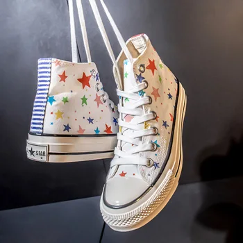 

High-Top Canvas Shoes Women's 2020 Summer New Girls Casual Shoes with Stars Colorful Stylish Fashion Sneakers Street Hip Pop