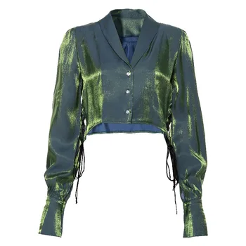 

Vintage Chic Holographic Crop Top Bow Blouse Shirts Short Slim Sexy Cropped Shirts Lantern Sleeve Womens Tops and Blouses