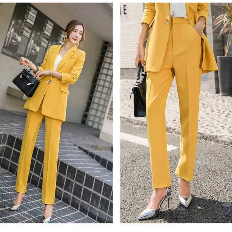 Высокое качество дамы желтый костюм осень мода профессиональные брюки костюм большой размер тонкий длинный Блейзер Женский костюм из двух частей