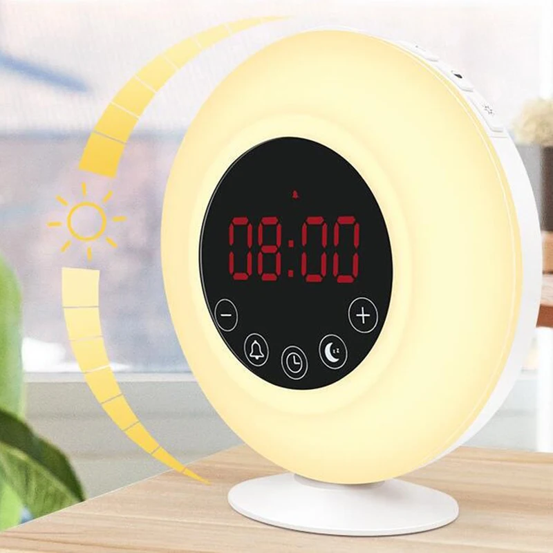 

Wake Up Light Sunrise Alarm Clock Radio Dual Alarm 3 Natural Sounds, AM/FM Radio, Snooze Function and Bedside Lamp
