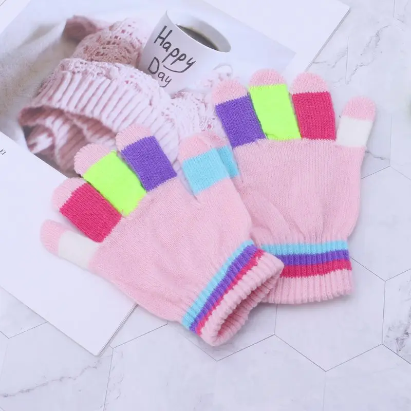 1 Pair Kids Gloves Full Finger Warm Winter Children Colorful Stripe Knitted Boys Girls Solid Glove Multi Color Elastic