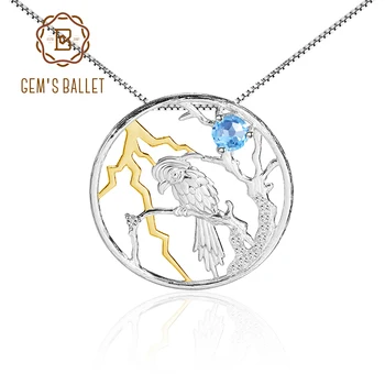 

GEM'S BALLET 925 Sterling Silver Natural Swiss Blue Topaz Bird on the Tree Pendant Necklace For Women Halloween Jewelry