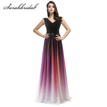 

Gradient Colored Long Chiffon V-neck Bridesmaid Dresses Cheap Floor Length Lace Up Back Prom Party Gowns Vestidos De Novia SD341