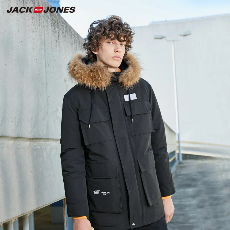 JackJones зимний мужской меховой воротник с капюшоном средней длины парка пальто Длинная стеганая куртка карго стиль 219309518