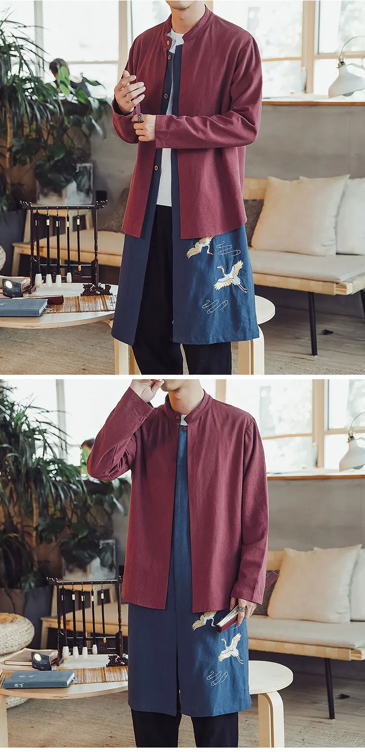 Sinicism Store, мужской комплект из двух предметов с вышивкой, Тренч, мужские длинные Лоскутные пальто в китайском стиле, мужские осенние, винтажные свободные тренчи