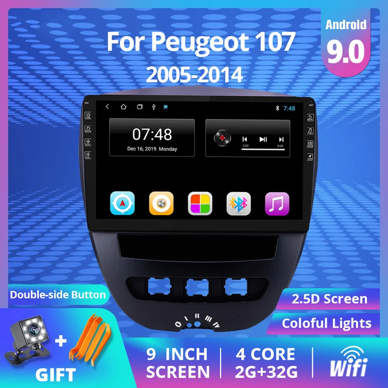 

10-inch Android 9.0 car multimedia player GPS navigation DVD radio is suitable for 2005-2014 Peugeot 107 Toyota Aygo Citroen C1