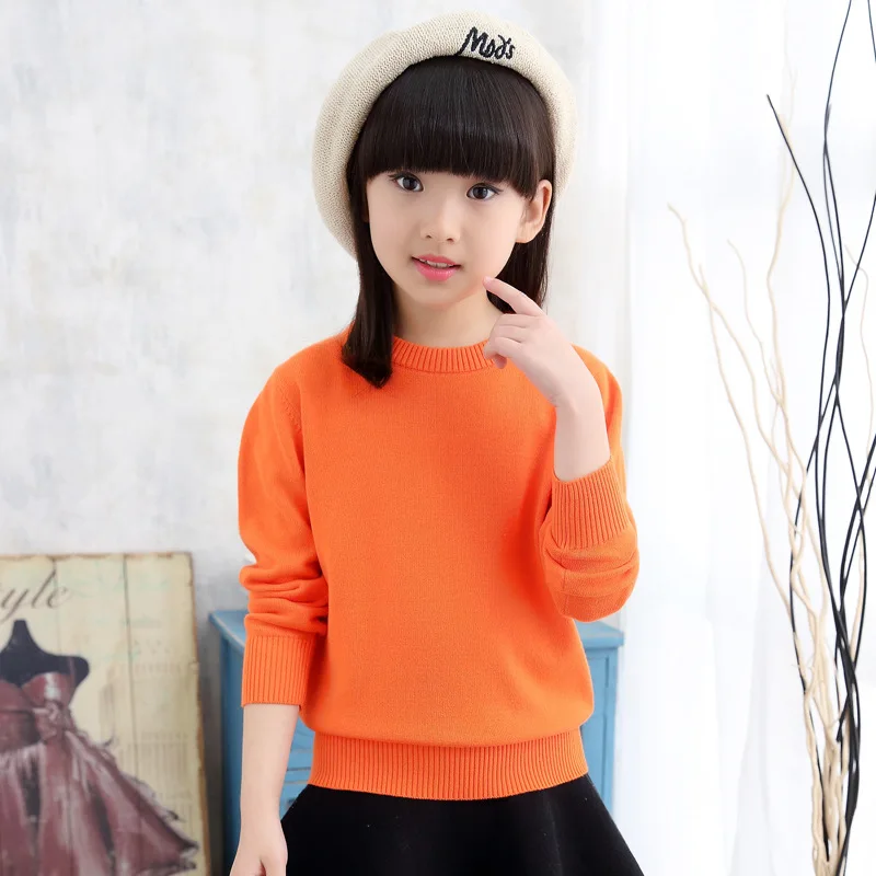 Girls Orange Г. Весенние свитера с длинными рукавами для мальчиков трикотажные пуловеры для девочек с рисунком, однотонные топы, хлопковая верхняя одежда для детей от 4 до 15 лет - Цвет: Girls Orange