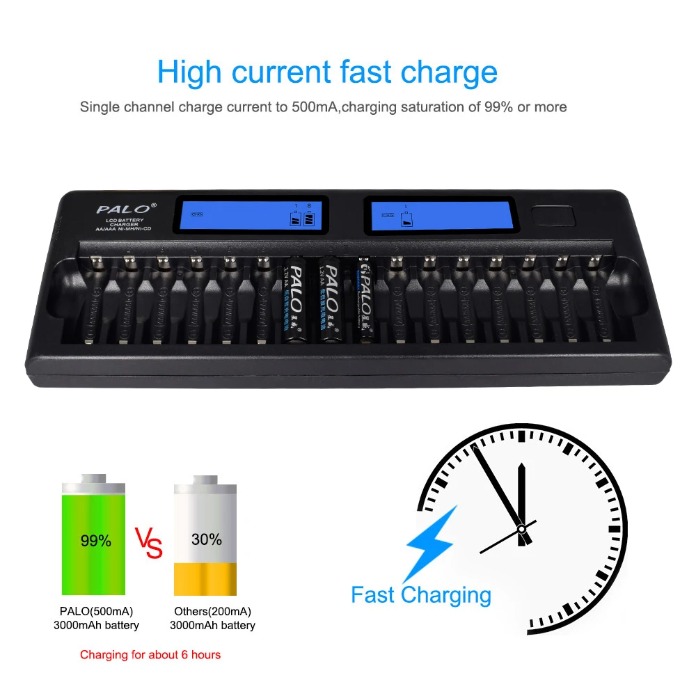 PALO 16 слот AA AAA Зарядное устройство быстрой разрядки ИС, ЖК-экраны защиты интеллигентая(ый) Быстрый Батарея Зарядное устройство для 1,2 V AA, AAA, никель-металл-гидридных и никель-кадмиевых типов аккумуляторов Батарея