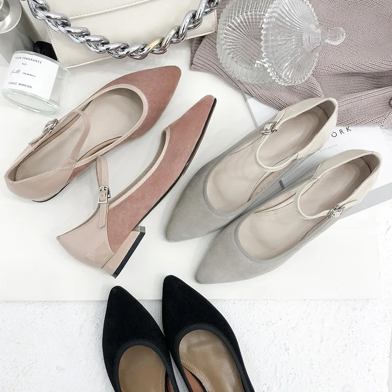 

2019 Spring And Autumn New Style Low-Cut Low Heel England Buckle Pointed-Toe Versatile Genuine Leather Sheepskin Single Shoes Wo