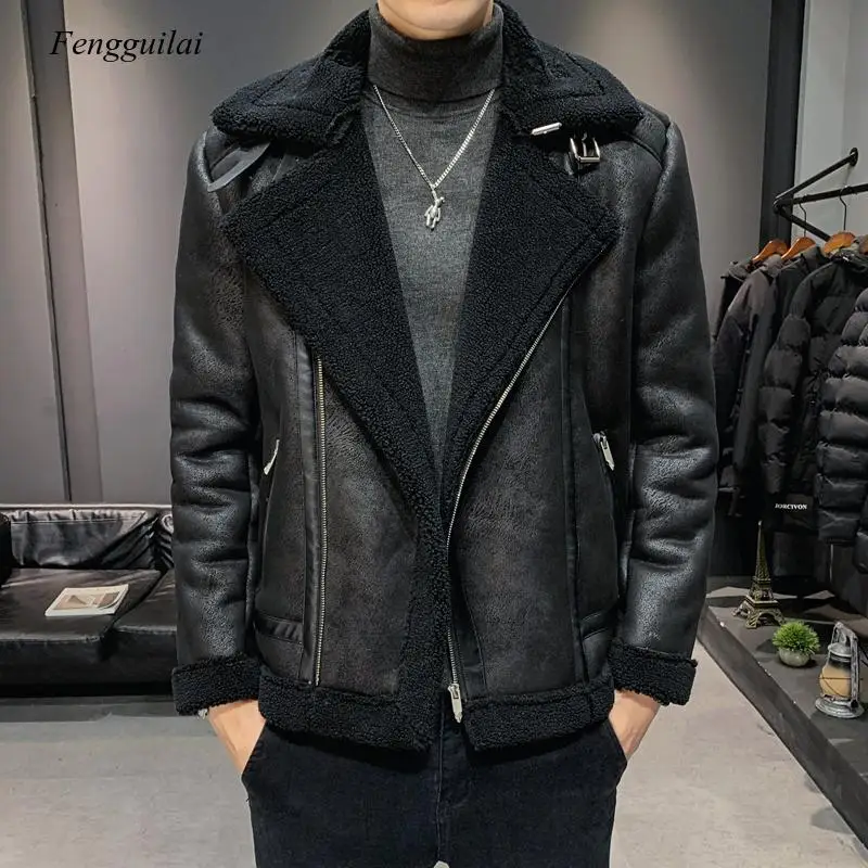 Warm Casual Jacket Men Solid Long Sleeve Faux Coat Thick Slim Fit Windbreaker Trench Coats Streetwear Bomber Homme