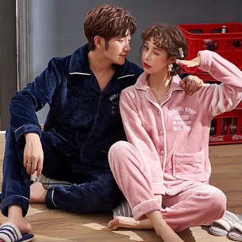 

Long-Sleeved Korean Winter Flannel Ladies Home Service Suit Couple Pajamas Men'S Autumn And Winter Thick Warm Coral Fleece
