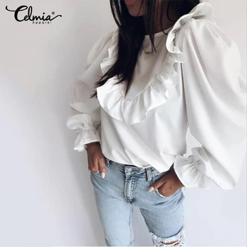 

Top Fashion Celmia Elegant OL Women Long Puff Sleeve Blouse Round Neck Ruffles White Shirts Casual Loose Party Blusas Feminina 7