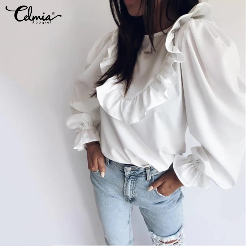 Top Fashion Celmia Elegant OL Women Long Puff Sleeve Blouse Round Neck Ruffles White Shirts Casual Loose Party Blusas Feminina 7 Top Fashion Celmia Elegant OL Women Long Puff Sleeve Blouse Round Neck Ruffles White Shirts Casual Loose Party Blusas Feminina 7