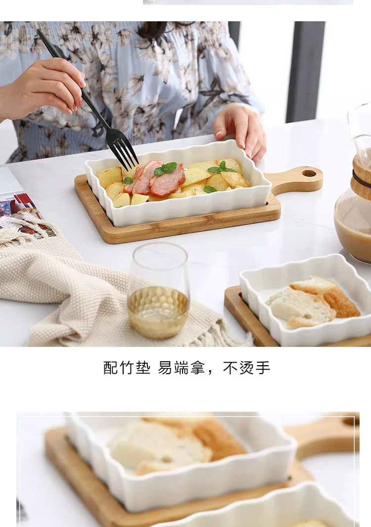 Creative Ceramics Cooking Dish Square with Bamboo Mat Heat Resistant Bakery Plates Scandinavian Minimalist White Restaurant Bake