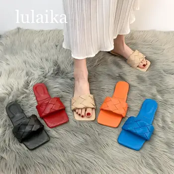 

2020 New Brand Slippers Weave Leather Women Sandal Open Toe Flat Casual Slides Summer Outdoor Beach Female Flip Flops Size 35-39