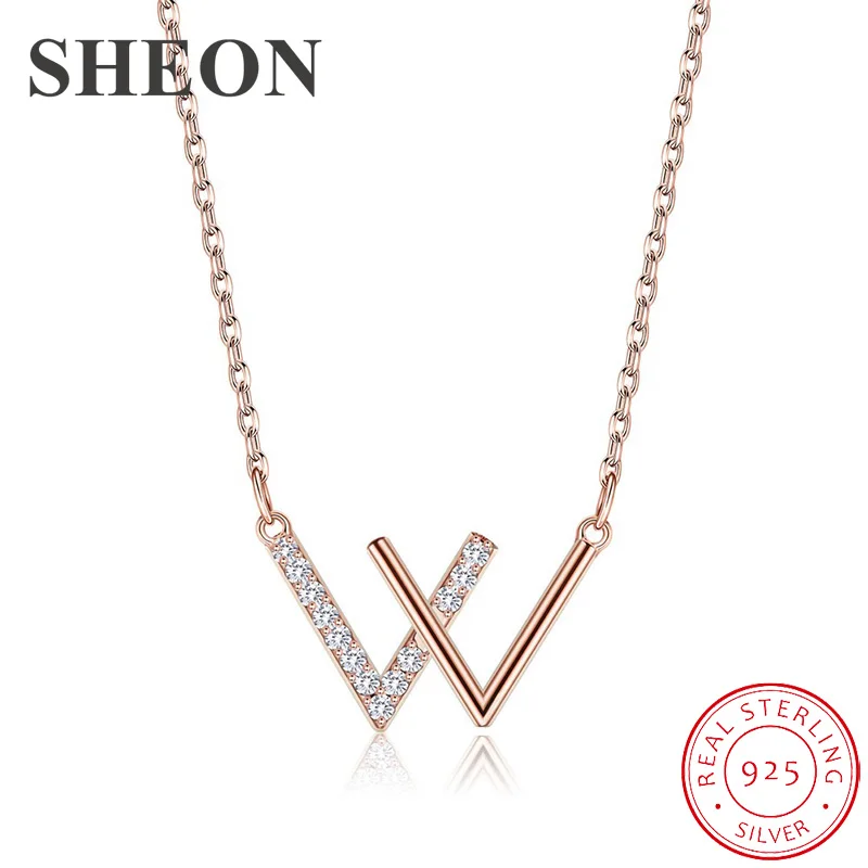 

SHEON Luxury 925 Sterling Silver Double V Letter Shape Long Chain Pendant Necklaces for Women Fashion Necklaces Jewelry
