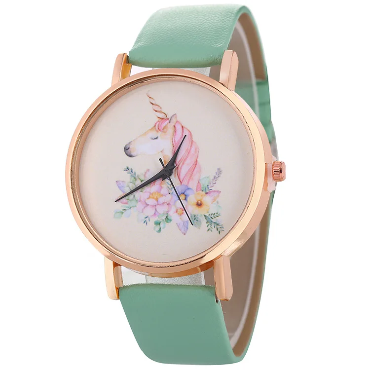 

Hot Selling Rainbow Unicorn Pattern Watch Rose Gold Watchcase Animal Light Leather Quartz Women's Belt Watch