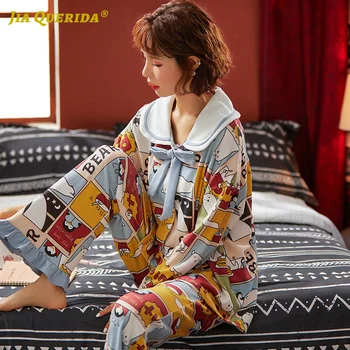 

Fashion Casual Pajamas Set Pj Set Woman Blue Spring Autumn Cartoon Printing Turn Down Collar Long Sleeve Long Pants Sleepwear